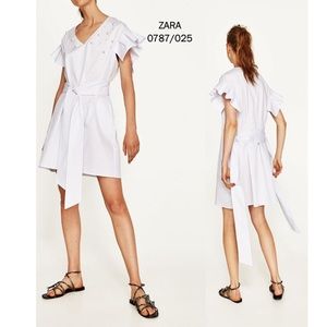 ZARA RUFFLED POPLIN DRESS WITH FAUX PEARLS